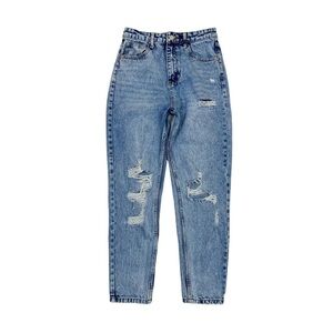 Shein High Rise Tapered Leg Ankle Crop Jeans Small Ripped Distressed Blue